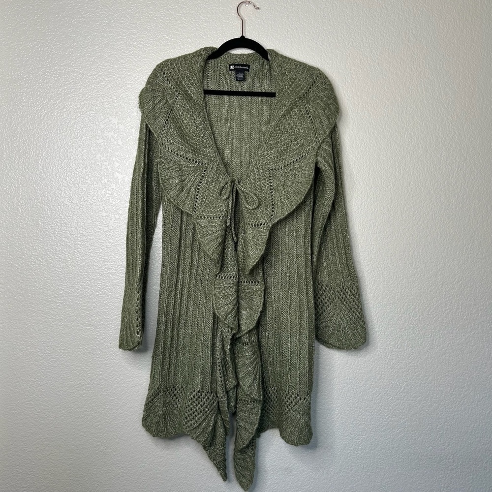 Boho Y2K Green Wool & Mohair Blend Pointelle Knit Waterfall Cardigan Large